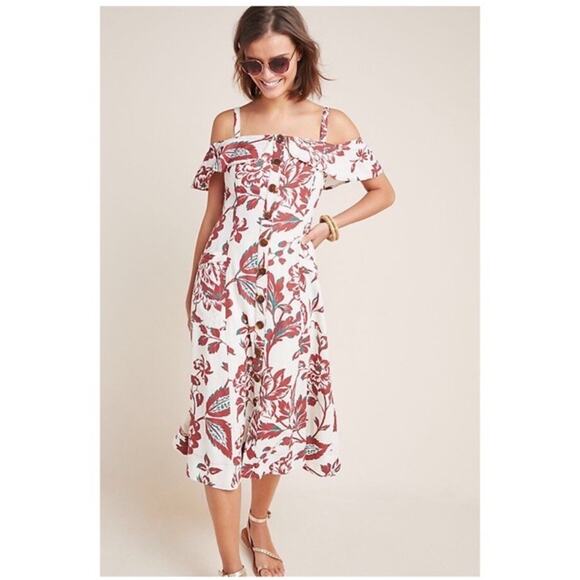 Anthropologie A+ Oahu Floral Linen Blend Midi Dress Off Shoulder Womens Plus 26W - Picture 1 of 11